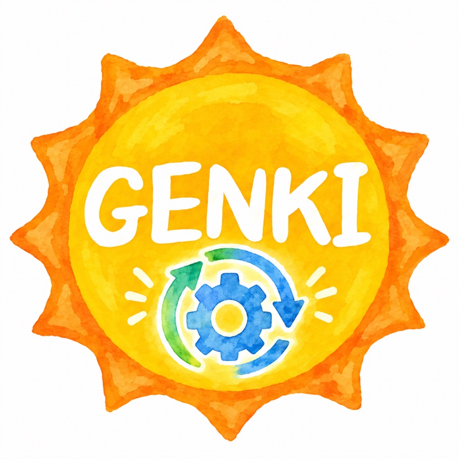 太陽と歯車を組み合わせたGENKI DXロゴ